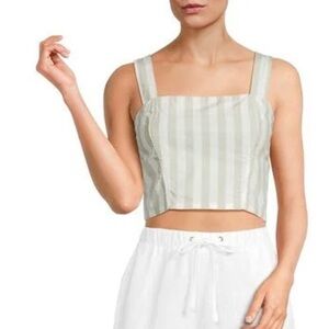 Kensie Light Green White Striped Square Neck Crop Top Smocked Back NWT